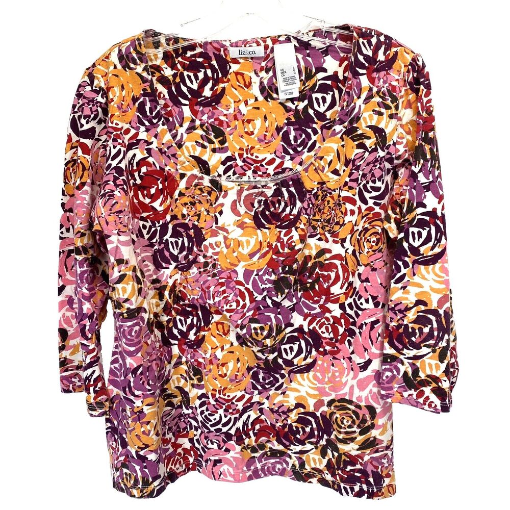 Liz & Co Womens Top Size Large Multicolor Popover 3/4 Sleeve Comfort Stretch